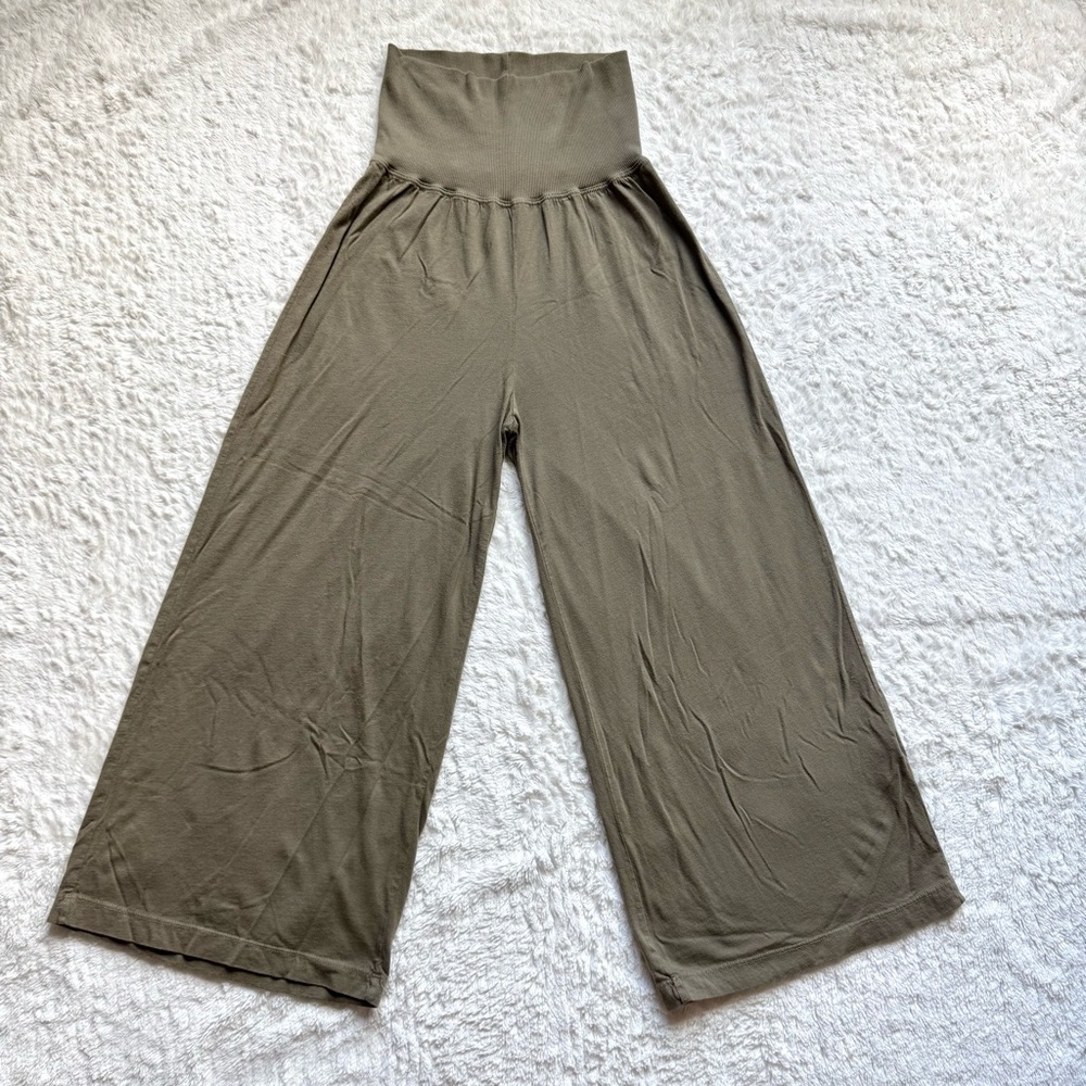 Michael Stars Wide Leg Crop Pants S Olive Cotton Modal Coastal Lagenlook Lounge